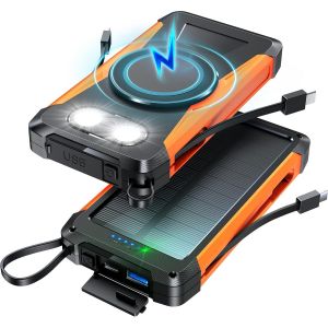 Batterie Externe Solaire Magnetique 20000mah,10w Chargement Sans Fil Avce 2 Câble Intégrée,Pd 18w Usb C Charge Rapide Power Bank,Lampe De Poche,Voyant Led,Pour Smartphone - Neuf