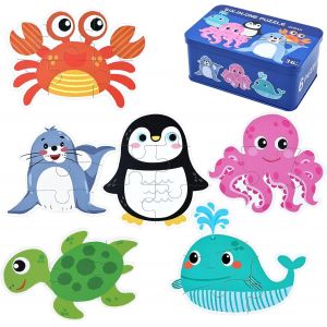 ERYI-Puzzle Enfant 2 3 4 Ans - 6 En 1 Puzzles En Bois Personnalisé Avec Boîte, Jouet Éducatif Montessori Apprentissage Cognitif, Drôl Jeux Cadeau Anniversaire Fille Garçon Bebe (Animaux Marins) - Neuf