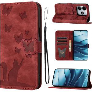 KAL-Housse Protection Pour Xiaomi Redmi Note 14 5G Pouces Mat&eacute;riau En Cuir Pu Coque Redmi Note 14 5G Avec Fentes Pour Cartes Housse Redmi Note 14 5G Rouge - Neuf