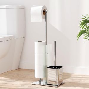 Porte Papier Toilette avec Brosse WC - Support Papier Toilette Debout en Acier Inoxydable avec Brosse de Toilette, Amovible, Porte Papier Toilette avec Verre, Pied Aucun Per&ccedil;age Requis (Argent&eacute;) - Neuf