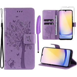 - Case For Samsung Galaxy A25 5G [1X Tempered Glass] Flip Folio Protective Case Pu Leather Wallet Silicone [Magnetic Closure][Card Slots][Stand Feature] - Purple - Neuf