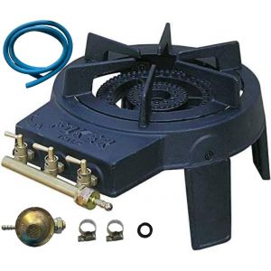 FOKER-R&eacute;chaud &agrave; Gaz en Fonte &iquest;3 Robinets-28/37Mbar,4 pieds 3 robinets + Tuyau gaz &agrave; vis 1.50m + D&eacute;tendeur Butane - Neuf