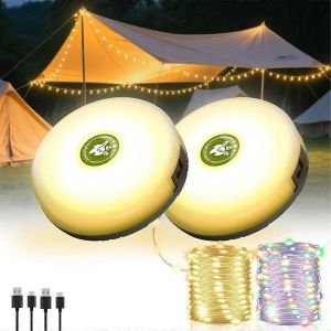 Lot De 2 Guirlandes Lumineuses De Camping, 4 En 1, Rangement Rapide, 8 Modes, 10 M, Lampes Suspendues Pour Tente, Rechargeables - Neuf