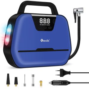 Compresseur d'air Portable, Gonfleur de Pneu Numérique 12V 220V, 10,3 Bars / 150 PSI, Pompe à Air électrique avec lumière LED pour Voitures, Motos, Sphère, Vélos, Bleu et Noir - Prise UE - Neuf