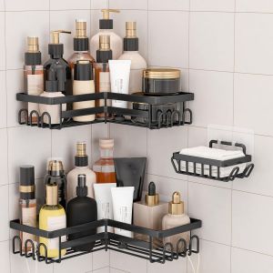 Lot de 3 &eacute;tag&egrave;res de douche d'angle sans per&ccedil;age avec crochets - En acier inoxydable - Noir - Pour shampooing et gel douche - Organiseur de salle de bain et cuisine - Neuf
