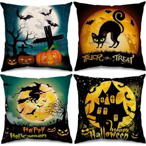 Lot de 4 housses de coussin Halloween en lin pour décoration de lit, 45,7 x 45,7 cm - Neuf