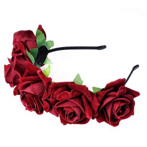 Rose Bandeau Fleur Couronne Couronne Bandes de Cheveux Grande Guirlande Florale Noël Cheveux Cerceau Femmes Fille Bandeau Décoration De Fête (Style Bourgogne) - Neuf