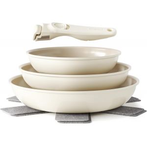 Jexnovashop-Lot De Po&ecirc;les Et Po&ecirc;les En C&eacute;ramique Avec Poign&eacute;e Amovible Et Anti-Adh&eacute;sives 20/24/28 Cm Pour Le Camping, Sans Ptfe, Sans Pfoa, Peu Encombrantes, Passent Au Lave-Vaisselle (Beige) - Neuf