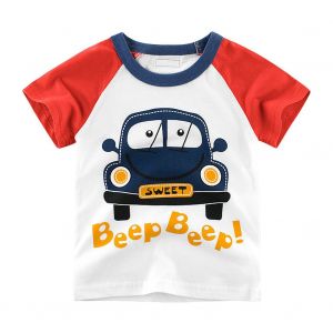 T-Shirt D'ete A Manches Courtes En Coton Imprime Voiture De Dessin Anime Pour Garcon, Rouge (130) - Neuf