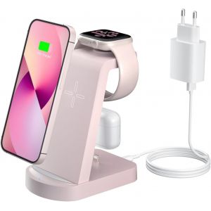 Chargeur Induction 3 en 1, Chargeur Rapide Chargeur Induction Chargeur Station Compatible avec iPhone 17/16/15/14/13/12Pro/Pro Max,Apple Watch Ultra/10/9/8/7/SE/SE2/6/5/4 AirPods321/Pro1 Rose - Neuf