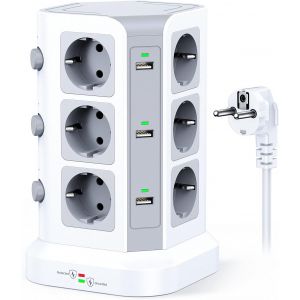 JGD-Tour multiprise parafoudre et surtension(4000W/16A), Multiprise Electrique avec 6 Ports USB et 12 Prises, multiprise avec et 3 Interrupteurs, 2M Cordon, Blanc - Neuf