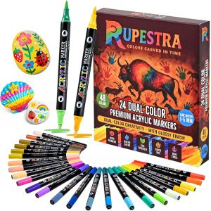 Mevronisshop-Rupestra Colors - 48 Couleurs - 24 Feutres Acryliques Dual Color - Pointe Flexible 1 - 5 Mm - Haute Pigmentation - Marqueurs Peinture Acrylique Multi-Surfaces (Pierre, Verre, Bois, Toile - Neuf