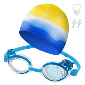 Ensemble De 2 Bonnets De Bain Pour Enfants, Lunettes De Natation, Motif Dauphin, Etoile De Mer, Bonnet De Bain Etanche En Silicone Avec Lunettes Anti-Buee, Pince-Nez, Bouchons D'oreilles - Neuf