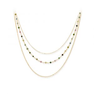 Collier Argent Dor&eacute; Triple Collier Petite Perles Pierre Tourmaline - Neuf