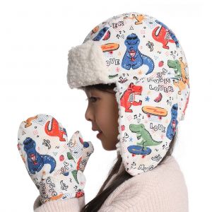 Ensemble Bonnet Et Gants D'hiver Pour Bebe, 2 Pieces, Imprime, Impermeable, Double Polaire, Chaud, Avec Cache-Oreilles, Pour Enfants, Garcons Et Filles - Neuf