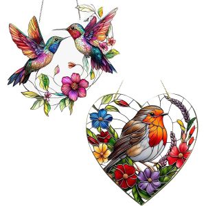 Mevronisshop-Lot De 2 Attrape-Soleil Pour Fen&ecirc;tre, Rouge-Gorge, Pour Fen&ecirc;tres 19,8 X 19,8 Cm, Ornements &Agrave; Suspendre En Acrylique Translucide En Forme De C?Ur, Belle D&eacute;coration De Fen&ecirc;tre Et De Jardin - Neuf