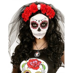 Coiffe Fleurs Rouges Avec T&ecirc;te De Mort Femme Dia De Los Muertos - Neuf