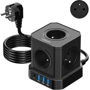Cube Multiprise (16A/4000W) 5 Prises fran&ccedil;aises avec 3 Ports USB et 1 Port Type-C, Bloc Multiprise Parafoudre et Surtension avec Interrupteur, C&acirc;ble 2Mpour Maison Bureau,Voyage (Noir) - Neuf