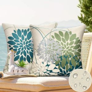 Kalanka-Exterieur Imperm&eacute;able Bleu Vert Housses De Coussin 45x45 Cm Housse De Coussin Moderne Housse Coussin Dahlia Taie Oreiller En Polyester Lin Pour Salon Patio Jardin Canap&eacute; Coussin Decoration Lo - Neuf