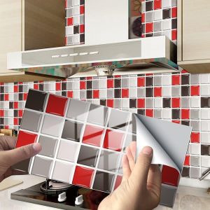 Carrelage autocollant pour salle de bain et cuisine, motif marbre, mosaïque, adhésif imperméable (mosaïque rouge, 24 pièces) - Neuf