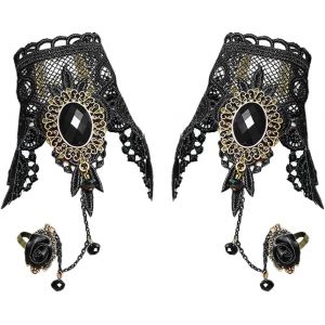 Kal-S180 Paire De Bracelets Gothiques En Dentelle Noire Avec Bague De Doigt, Style Steampunk, Vampire Victorien, F&ecirc;te, Mariage, Bal De Fin D'ann&eacute;e, Festival, Cha&icirc;ne De Main Pour Femme, Medium, - Neuf