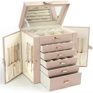 Boîte À Bijoux Pour Femme, Grande Boîte De Rangement À Bijoux À 6 Couches Avec Miroir Et 5 Tiroirs Pour Bagues, Boucles D'Oreilles, Colliers, Bracelets, Beige - Neuf