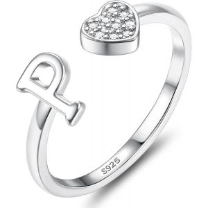 Bague Argent 925 Femme Avec Lettre A-Z Bague Coeur Reglable Empilables Ouvert Bague De Fian&ccedil;ailles Bague Promesse Mariage Bague Pouce Bague Pr&eacute;nom Initiale Bague Femme Fille Avec Bo&icirc;te - Neuf