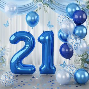 SJZG-Ballon D'Anniversaire, En Forme De Chiffre 21, Bleu Fonc&eacute;, G&eacute;ant En Aluminium En Forme De Chiffre 21, Avec Ballon &Agrave; Confettis Bleu Argent&eacute;, 101 Cm, D&eacute;coration D'Anniversaire M&eacute;tallis&eacute;e Bleu Mari - Neuf
