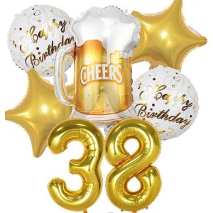SJZG-Ballon 38 Ans Anniversaire Homme Femme, Decoration Anniversaire 38 Ans, Ballon Anniversaire 38 Ans Or, Ballon Bi&egrave;re Ballon Bouteille Verre &Agrave; Vin Decoration Pour Anniversaire 38 Ans Femme Homme - Neuf