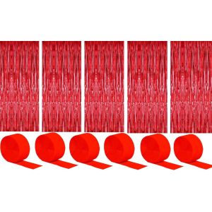Lot De 6 Rideaux À Franges Métalliques Scintillants Pour Sapin De Noël,Fête,Décoration D'anniversaire + 6 Feuilles De Papier Crépon Rouge.[F91] - Neuf
