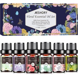 Aromatherapy Floral Essential Oils Kit 6 X 10 Ml,100% Natural Floral Essential Oils For Diffusers,Soothe-Cherry Blossom,White Tea,Jasmine,Lavender,Rose,Ylang Ylang - Neuf