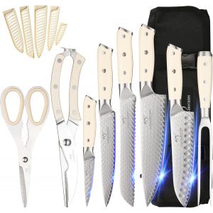 Mevronisshop-Ensemble De Couteaux De Cuisine, Ensemble 9 Pi&egrave;ces Damast Avec Sac De Transport, Ensemble Pro Vg10 Avec Fourchette Et Ciseaux De Cuisine - Neuf