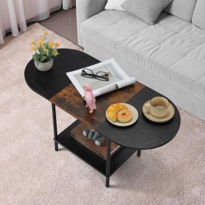 Table Basse Salon, Table Basse Ovale avec &eacute;tag&egrave;re, Table de Canap&eacute; en Bois, Petite Table Basse, Design Industriel, 90 x 40 x 47cm, Marron et Noir - Neuf