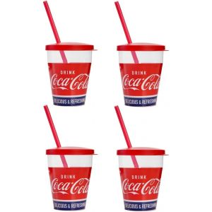 Lot De 4 Verres À Coca-Cola Avec Paille 0.385 L, Verres En Plastique Avec Paille Et Couvercle Fabriqué En Italie 0% Bpa - Neuf