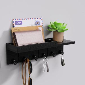 Cauc-Porte-Cl&eacute;s Mural En Bois Avec 6 Crochets, &Eacute;tag&egrave;re De Rangement Pour Courrier, T&eacute;l&eacute;phone, Petite D&eacute;coration, Id&eacute;al Pour L'entr&eacute;e, Le Bureau Et Le Couloir - Neuf