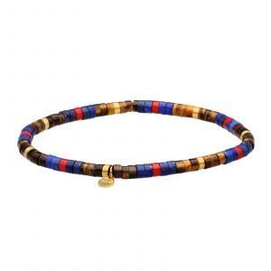 Bracelet Acier Perles Heishi 4mm Pierre Lapis Jaspe Rouge Et Oeil De Tigre - Neuf