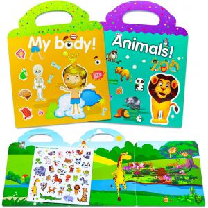 Trahoo-Gommettes Enfants 2 3 4 Ans 2 Pcs Livre Autocollant Mon Corps Et Animaux, Reutilisable Activite Enfant Autocollant Avec Pliable Panorama Et Pvc Statiques Illustré, Reusable Sticker Book, Idees - Neuf
