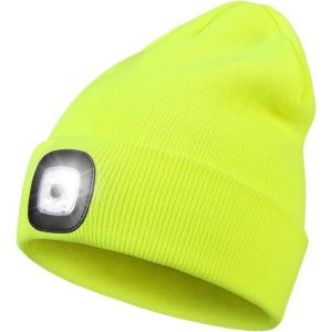 Bonnet LED avec lumière jaune fluorescente, rechargeable par USB, mains libres, 4 LED, lampe frontale, bonnet d'hiver tricoté, lampe torche, cadeau pour homme et femme - Neuf