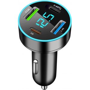 CMWX-Chargeur Voiture Allume Cigare 4 Ports USB 53W - Double PD & QC3.0 Avec LED Voltmètre - Compatible iPhone, Android, Samsung, Tablette - Neuf