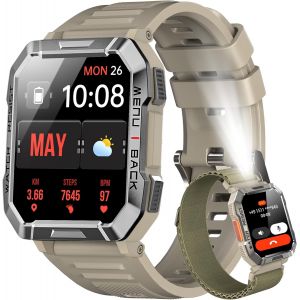 W60 Montre Connect&eacute;e Homme, Fonction Ilumination, Double Bracelets, &Eacute;cran 1.39"" Tft, Cardiofr&eacute;quence/Spo2 &Agrave; 24 Heures, Analyse Sommeil, 100 Modes De Sport, Pour Android/Ios (Kakhi) - Neuf