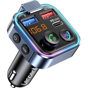 Transmetteur FM Bluetooth Voiture, Allume Cigare Bluetooth 5,3 &Eacute;metteur FM Radio, Chargeur Rapide de Voiture PD 30W & QC3,0 Adaptateur Bluetooth Supporte Le Disque U la lumi&egrave;re color&eacute;e - Neuf
