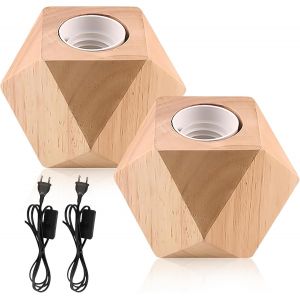 Kal-Lot De 2 Lampes De Table En Bois, Lampe De Chevet E27, Pied En Bois, Petite Lampe De Chevet Avec Pied En Bois Diamant, Prise Ue, Pied En Bois E27, Parfaite Pour Chambre/Salon/Bureau (Sans Ampou - Neuf