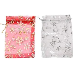 50 pièces Organza Sac à cordon avec motif flocon de neige Sac de bonbons de Noël Sac à bijoux en maille - Neuf