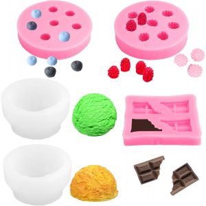 Kal-5 Pièces Moule À Bougie 3d, Moules En Forme De Boule De Crème Glacée 3d, Anti-Adhésif Moule À Chocolat, Moule À Bougie En Silicone Fruits, Pour Bougies, Savon, Bombe De Bain, Décoration De Gâteau - Neuf