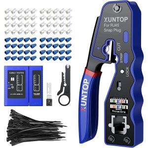 GKWL-Pince À Sertir Rj45 Kit Pass-Through 8P8C ¿ Compatible Cat5/Cat6/Cat6A/Cat7 Non Blindé ¿ Avec Testeur Réseau,50 Connecteurs,Étiquettes Couleurs,Pour Bricolage & Installation Pro - Neuf