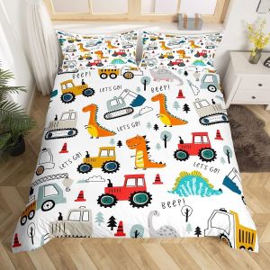 Sjzg-Construction Parure De Lit Enfants Dessin Anim&eacute; Dinosaure Literie Set Gar&ccedil;on &Eacute;quipement Camion Housse De Couette 220x240cm V&eacute;hicule De Construction Jungle Dino Ensemble De Literie - Neuf