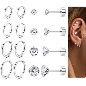 8 Paires Lot Boucles D'oreilles Femme Acier Inoxydable 316l Hypoallergénique Piercing Oreille Plaqué Or 14k Boucles D'oreilles Creoles Clous D'oreilles Or/Argent Piercing Cartilage Helix.[X1176] - Neuf
