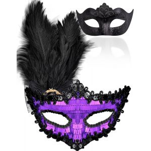 2 Pi&egrave;ces Masque V&eacute;nitien Couple Masque De Mascarade Bal Masqu&eacute; V&eacute;nitien Masque Femme Homme Pour Les Yeux Pour Halloween Mascarade Carnaval,Noir & Violet - Neuf