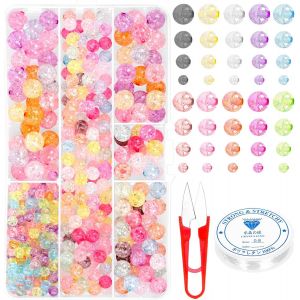 Tianyi-Lot De 502 Perles Rondes Colorées En Cristal Acrylique Avec Cordon Élastique Et Cutter, 6 Mm, 8 Mm, 10 Mm, 12 Mm, Perles Rondes En Verre Craquelé Pour La Fabrication De Bijoux, Bagues, - Neuf