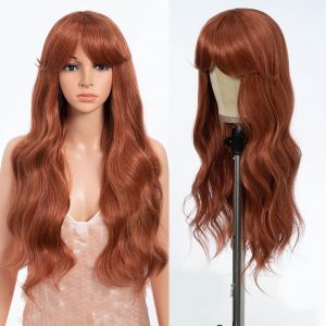 Kalanka-Perruque Brun Rouge&acirc;tre Avec Frange Aspect Long Cheveux Ondul&eacute;s Rideau Frange Perruque Pour Femme Synth&eacute;tique Usage Quotidien F&ecirc;te 66 Cm (130t) - Neuf